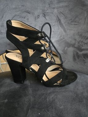XOXO Black Suede Strappy Lace-Up Block Heels